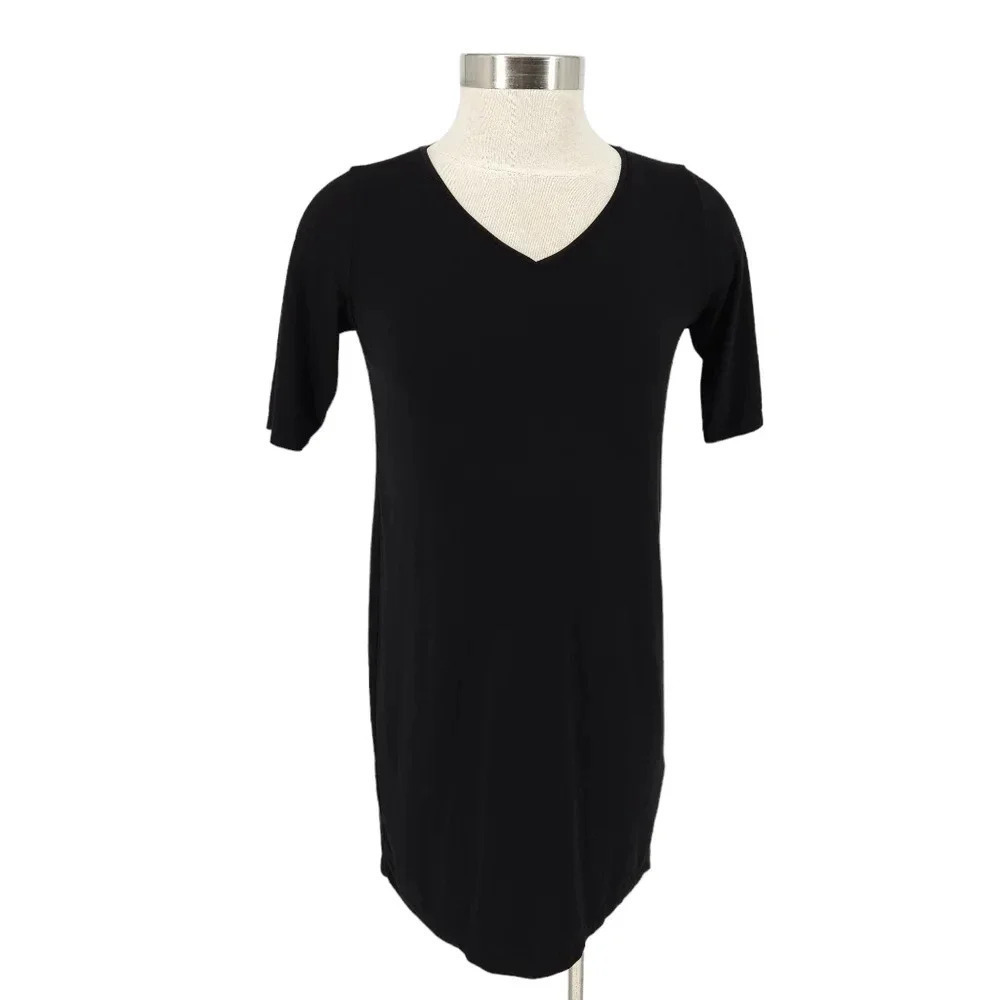 Eileen Fisher Tee Shirt Dress Black Short Sleeve V Neck Shift Petite